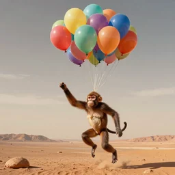 a hybrid of monkey with an extraterrestrial, landing in mars with multi color balon, by francis bancon