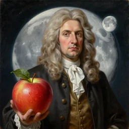 Isaac Newton, the apple and the moon, oil on canvas, intricate, 8k highly professionally detailed, HDR, CGsociety, in the style of the Brothers Hildebrandt