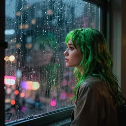 alexandra daddario with green hair looking out a window on a rainy night, nighttime!, raining!!, colorful city light reflections!!