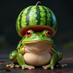 dramatic portrait of a frog wearing a watermelon as a hat