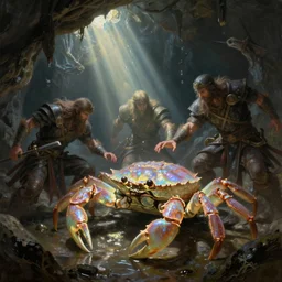 three fantasy warriors slaying a large iridescent crab in a dark wet cave, rays of light from above, fantasy painting by greg rutkowski