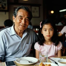 a middle - shot, color travel photograph portrait of a girl in the restaurant with her grandpa, dramatic lighting, 1 9 9 0 photo from live magazine.