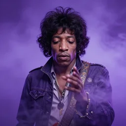 A mystical mesmerizing 8k hyperrealistic Photo Portrait jimi hendrix transforming into a purple haze, soft, sharp focus, detailed, art by Alphonse Mucha