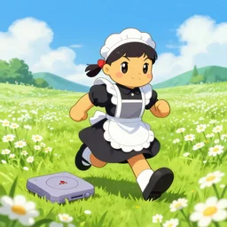 ( low ) ( poly ) playstation 1 9 9 9 running ( ( anthropomorphic ) ) ( ( lurantis ) ) maid wearing a hat standing in a ( field of daisies ), mount coronet in the distance digital illustration by ruan jia on artstation