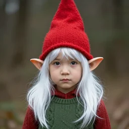 a gnome girl with white hair and red pointy hat