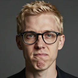 a short haired blonde man making a troll face, eye glasses, protruding chin