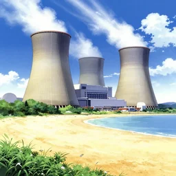 nuclear power plant, ground view from the beach, hidari color page tankobon, 4 k, tone mapping, akihiko yoshida