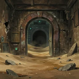 realistic interior shot from howl's moving castle ( 2 0 0 4 ) of a time portal in a crumbling flooded desert prison, cartoon, depth of field.