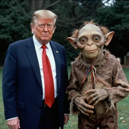 color photo of two Donald Trump and Gollum, cinestill 800t, high quality, criterion collection