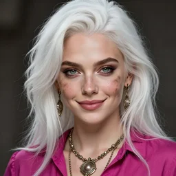 Cara Delevigne, white hair, magenta shirt, gentle smile, beautiful detailed eyes, dirty, fantasy, intricate, rough, highly detailed, digital painting, 4k, HDR, concept art, detailed jewelry, smooth, sharp focus, illustration
