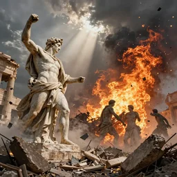 giant greek statues attacking a city, city destruction ruins, debris flying around, swirls of fire