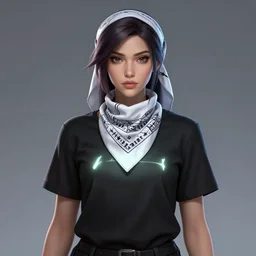 woman wearing a banie and black t - shirt, glowing, smooth, centered, trending on artstation, league of legends character art, art by jamie hewlett and jennifer wuestling, 4 k