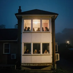 looking into the windows of a small tower block from outside , observing the private lives of the human inhabitants, volumetric lighting shines through the misty nighttime sky , Kodak portra 400 , upscale