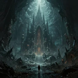 a cinematic view of the eldritch subterranean city of r'lyeh. art by xin xiang and james paick, hyperrealism, spooky, dramatic lighting