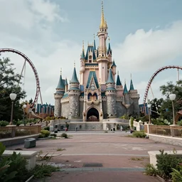 cinematic shot of the outside of the Disney world park, shut down, abandoned, Florida, out of business, castle is falling apart, got shut down, kids place, liminal spaces, backrooms, empty, overgrown, Disney world, Disney land, theme park, roller coasters, Disney