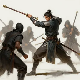 a man fighting with a quarterstaff, cornered by rogues with staffs. intricate, elegant, highly detailed, digital painting, artstation, concept art, sharp focus, illustration, by justin gerard and artgerm, 8 k