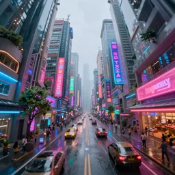 Bustling photorealistic!!! rainy neon street in a utopian city illustrated and reimagined by Max Hay, inverted fisheye lens!!!, eyelevel!!! view!!! photography, trending on artstation, 4k, 8k, lens distortion, chromatic aberration, soft focus blur, photorealistic imagery, photorealistic details, intricate, highly detailed, artstation 3d, artstation render, artstation 3d render, 3d art, unreal engine 3d, octane 3d, blender 3d, 3d landscape