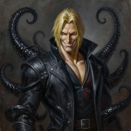 a masterpiece oil painting of Albert Wesker smiling, with black tendrils of Uroborous swirling, featured on ArtGerm