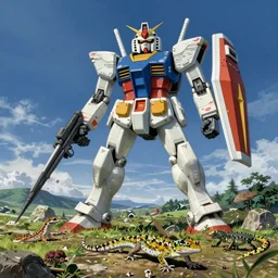 geckos and various lizard gnawing at a gundam painted by shigeru komatsuzaki