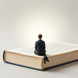 diminutive man sitting on huge book