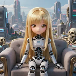 a photo of a young robotic afro pop manga anime girl, blonde straight hair, big eyes, delicate features, detailed face, sitting on a sofa of human bones surrounded by a futuristic cyber cityscape at the end of the world, expansive detailed layered city, high resolution, landscape, 5 0 mm