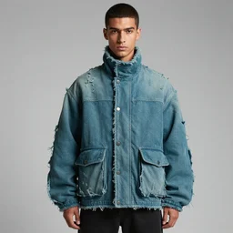 an award - winning closeup editorial photo of a male model wearing a teal distressed baggy medieval cotton menswear jacket by alexander mcqueen, 4 k, studio lighting, wide angle lens
