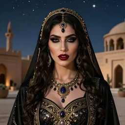 Portrait of a riveting Arabic vampire woman!, atmospheric lighting, gothic makeup, intricate, oasis!, volumetric lighting, beautiful, starlit sky, sharp focus, ultra-detailed, by Tom Bagshaw Leesha Hannigan, Ross Tran, Thierry Doizon, Kai Carpenter, Ignacio Fernández Ríos