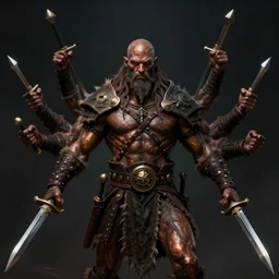 darkfantasy art of 4 - handed specie look like barbarian with bronze skin, four handed, arm 4 swords