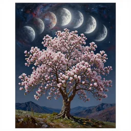 magnolia tree to the moons, beautiful intricate oil painting, mountains, beautiful nebula in the sky by jacek yerka, beautiful nebula in the sky by jacek yerka