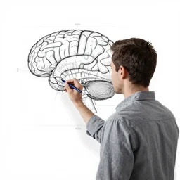 man wearing braininterface drawing by leonardo da vinci, plan. blueprint
