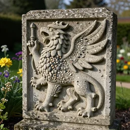 extremely detailed carved concrete statue, pebble mosaic, of a griffin, in an english cottage style flower garden
