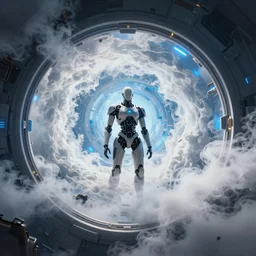 cyberpunk, a round portal to another world in the center, white thick smoke, cyborg, epic scenery, dramatic white and blue lighting, detailed illustration, digital art, overdetailed art, concept art, detailed illustration, hd, 4k, digital art, highly saturated colors, Greg Rutkowski, trending on artstation