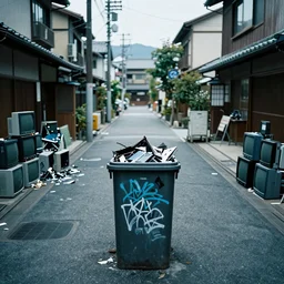 A trashcan full of graffiti stands in the middle of an atmospheric Japanese street, a lot of broken computers and televisions
