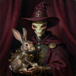a close - up portrait painting of an alien wizard holding steampunk rabbit. magic. studio lighting. maroon curtains, gloomy dark atmosphere. highly detailed science - fiction painting by norman rockwell, moebius, frank frazetta, and syd mead. rich colors, high contrast. artstation