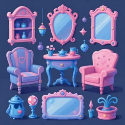 game asset of death loop furniture and decoration, in gouache detailed paintings, props, stylized, 2 d sprites, kitbash, arcane, overwatch, blue and pink color scheme, 8 k, close up
