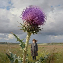 a portrait, enormous thistle flower head, girl wearing a coat in field, surreal photography, wind, cloudy sky, dramatic light, impressionist painting, digital painting, artstation, simon stalenhag