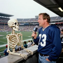 photo of john madden and a skeleton in a press box announcing a football game, 1 9 8 7