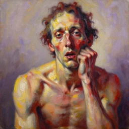 highly detailed and textured painting of a deformed anatomical portrait, emotionally expressive, artistic pose, highly detailed impasto oil painting, soft light 1 6 k, red, yellow and purple colour palette, cinematic composition, cinematic lighting, sharp focus, masterpiece by adrian ghenie and jenny saville and alphonse mucha and lucian freud,