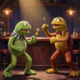 the Muppets having a bar fight painted by Boris Vallejo