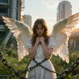 a sad portrait of an angel blocked by chains in a abandoned futuristic city covered by vegeration, sunset, bright light, hyperdetailed, artstation, cgsociety, 8 k