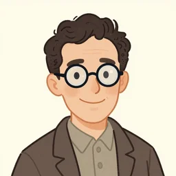 man with glasses, dark short curly hair smiling, illustration in the style of william steig