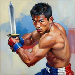greg manchess portrait of a filipino mma fighter charging with a sword, organic painting, sunny day, matte painting, bold shapes, hard edges, street art, trending on artstation, by huang guangjian, gil elvgren, ruan jia, randy vargas, greg rutkowski