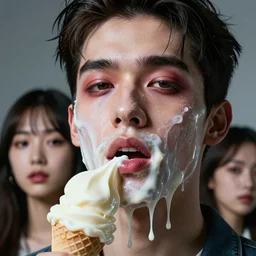 close up of goregous hyperrealistic male face melting like ice cream, digital art masterpiece, highly detailed neo pop surrealism, jason limon kay sage hannah yata, dramatic lighting, medium shot, low angle, uhd 8 k, sharp focus