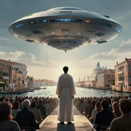silhouette of a man wearing white robe overlooking a giant alien ufo high tech spaceship eerily hovering on italy venice city landscape with beautiful temples by greg rutkowski, artgerm, ross tran, magali villeneuve, intricate, time travel theme, audince in awe, spectacle, audience sorrounding, award winning, octane render, masterpiece, 8 k, beautiful