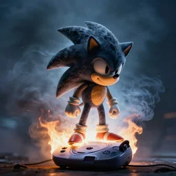Dark gray and blue smoke in the shape of Sonic the hedgehog, coming from a burning SEGA dreamcast. Dramatic shot, cinematic, epic lighting, low angle medium shot, 35mm
