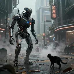 apocalyptic, robot aliens walking on the future streets. a black cat. smoke. volumetric lighting, sharp focus, ultra detailed, cgsociety - w 1 0 2 4 - n 8 - i