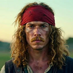 photo portrait of an albino african pirate with a red headband, young adult, thin blonde mustache, afro blonde hair, stern face, rugged and dirty, cinematic lighting at sundawn, movie color grading