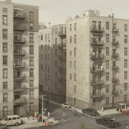 An apartment complex in New York City with it's residents living their lives, realist, detailed, digital art, sterile, bland, ordinary