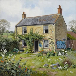 A detailed painting of an abandoned building house garden. Shrubs. Graffiti. Set in an English countryside landscape. by Lee madgwick