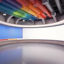 colorful nbc newsroom, industrial arches, colorful ceiling, vents and ducts, curved walls, large hd monitors, octane render, unreal engine 5, ray tracing